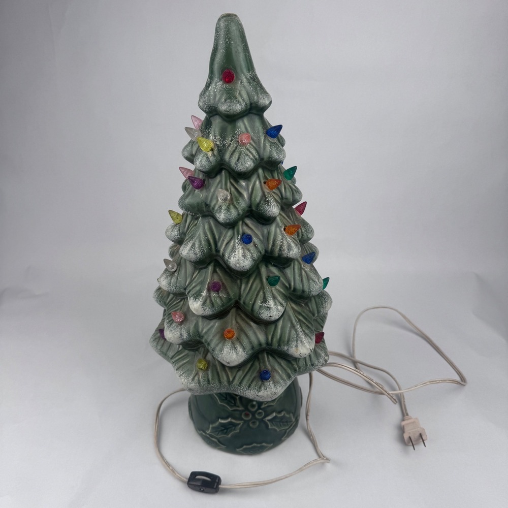 Vintage 17" Lighted Ceramic Christmas Tree w Holly Base Read Flaws missing star